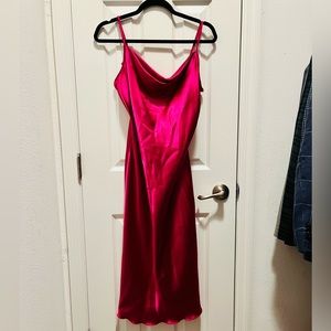 SATIN COWL NECK SLIP MIDI DRESS fuscia wedding guest party dress